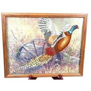 Vintage Embroidered Needlepoint Mallard?  Duck Tapestry?  Wood Frame 15x12'